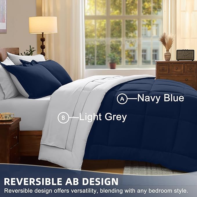 FUANNA King Size Comforter Set 7 Pieces, Reversible Bedding Sets with All Season Soft Comforter, Bed in a Bag Includes Comforter, Flat Sheet, Fitted Sheet, Pillowcases & Shams, Navy Blue & Light Grey