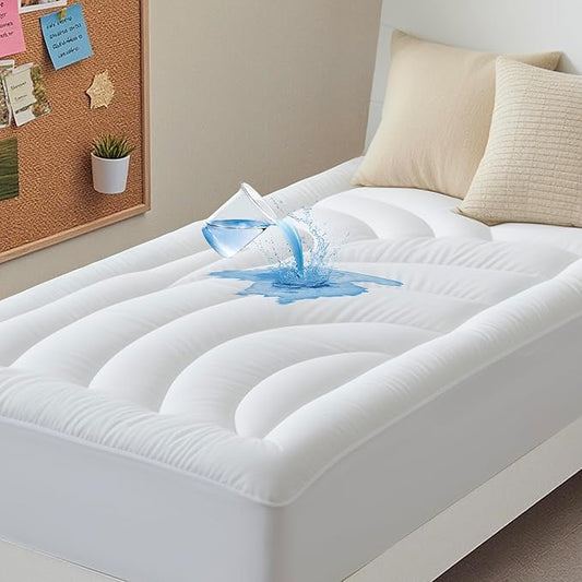 Waterproof Mattress Pad Twin, Quilted Fitted Twin Mattress Topper, Five-Layers Noiseless Mattress Protector Cover with 8"-21" Deep Pocket, Machine Washable, White, 39x75