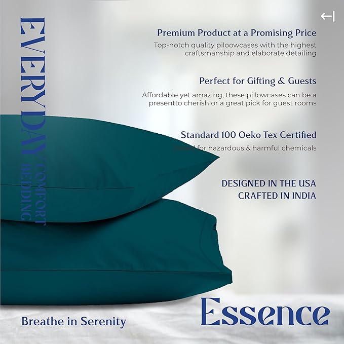 Mayfair Linen 100% Organic Cotton Queen Size Pillow Cases Set of 2 - Ultra Soft Hotel Quality Queen Pillow Covers, Authentic GOTS Certified, Crisp, Cooling Percale Weave Cotton Pillowcases - Teal