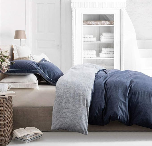 SLEEPBELLA Duvet Cover King Size, 600 Thread Count Cotton Navy & Grey Printed with Luxurious Blue Leaves Pattern Reversible Botanical Comforter Cover Sets, Bedding Set 3Pcs (King, Navy-Blue Leaves)