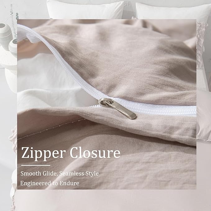 Bedorm Taupe Duvet Cover Set King Ruffle Bedding Set Pleat Ruffled Shabby Chic Comforter Cover Extra Soft & Easy Care Boho Duvet Cover with Zipper Closure