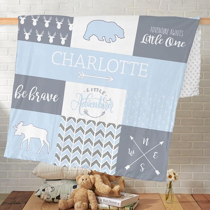 Personalized Baby Blanket Cute Animal Blanket for Girls - Soft Double Layer with Dotted Backing, Toddler to Newborn, Shower Gifts, Light Blue (35 X 45 inches)