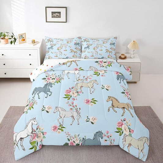 Horse Quilt Full Size, Farmhouse Western Cowboy Cowgirls Duvet Insert for Kids Boys Girls Teens, Cartoon Kawaii Horse Bedding Set, Rustic Rose Floral Comforter Set + 2 Pillow Cases
