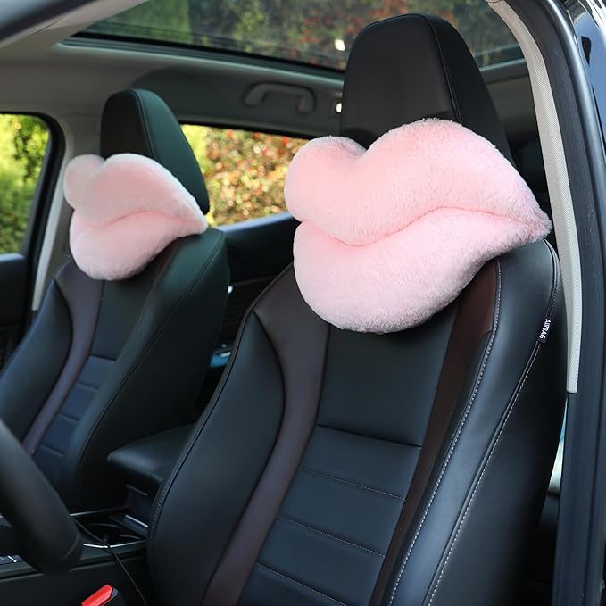 Sexysamba 2 Pack Lip Shaped Car Headrest Pillow, Comfortable Soft Head Rest Cushion Kawaii Car Accessories Cute Car Neck & Seat Pillow for Driving Travelling Office Home Decor - Pink Lip