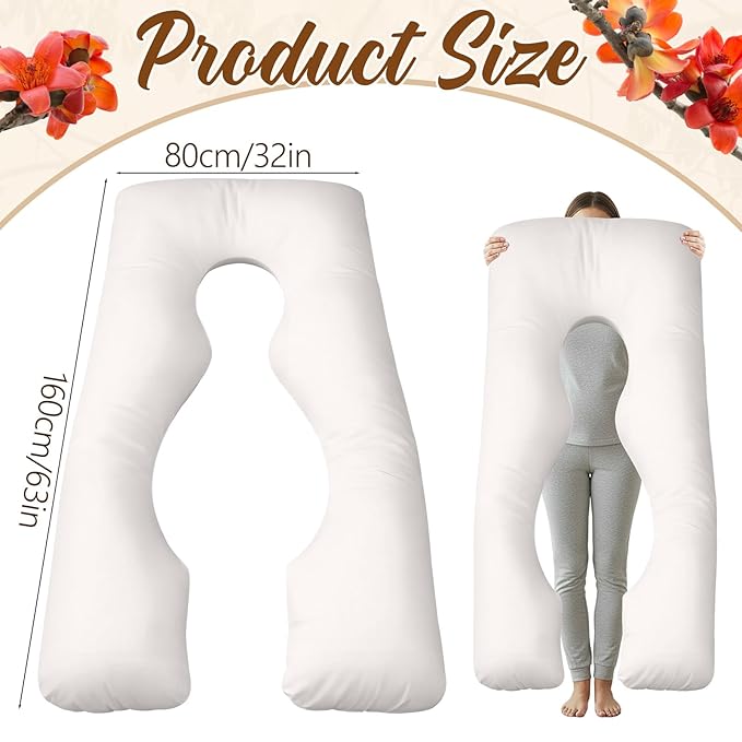 Leinuosen Pregnancy Pillow U-Shape Full Body Maternity Pillows 63 Inch Natural Kapok Fiber Filled with Breathable Cotton Shell for Legs, Back, Neck, Shoulder, HIPS, Belly for Pregnent Women