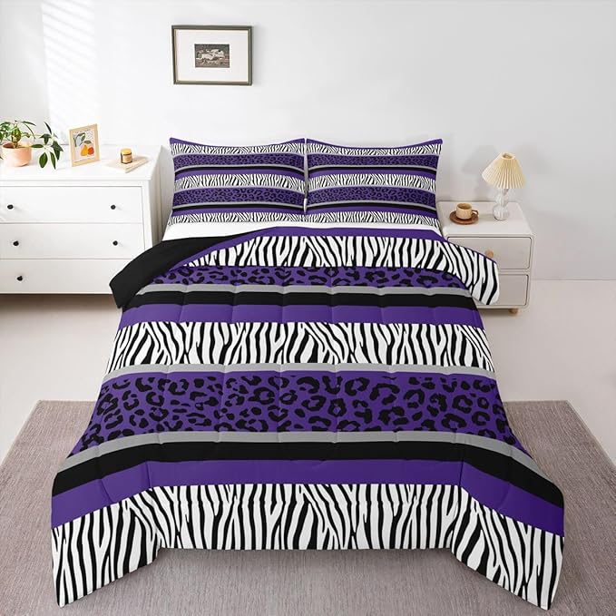 Feelyou Leopard Print Comforter Set Zebra Stripes Bedding Set for Kids Boys Girls Teens Purple Black White Zebra Leopard Fur Comforter Safari Animal Hair Duvet Set Room Decor Quilt Set Queen Size