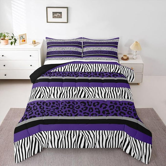 Feelyou Leopard Print Comforter Set Zebra Stripes Bedding Set for Kids Boys Girls Teens Purple Black White Zebra Leopard Fur Comforter Safari Animal Hair Duvet Set Room Decor Quilt Set Queen Size