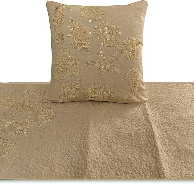 The HomeCentric King Queen Twin Beige Handmade Twin 53"x18" Bed Runner Without Pillow Cover, Pearl Embroidery Bed Scarf on Linen Fabric - Off to The Sea