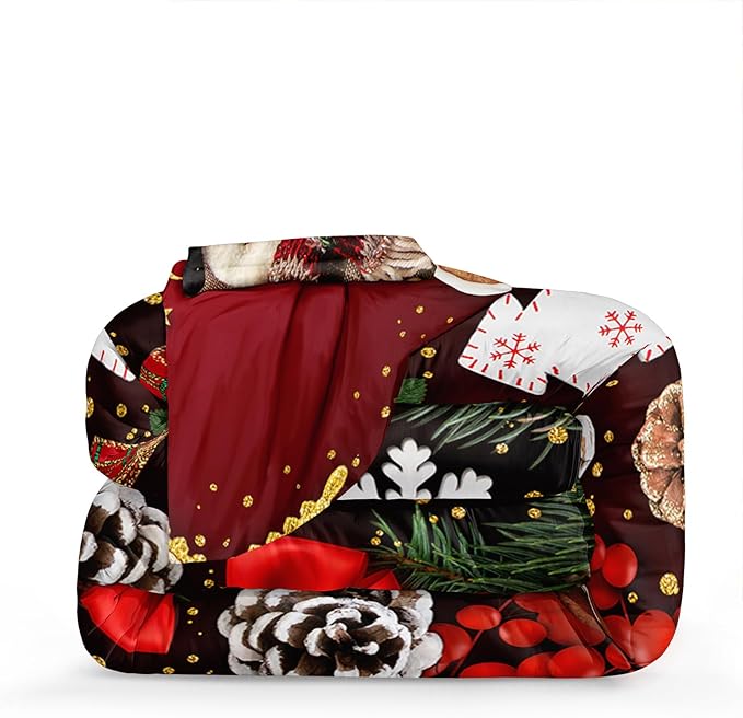Bedbay Merry Christmas Bedding Queen Comforter Set Red Chritsmas Quilt Set Lightweight Down Comforter 4 Pcs Xmas Festival Theme Bedding Set 1 Comforter 2 Pillowcases 1 Cushion Cover(Red,Queen)