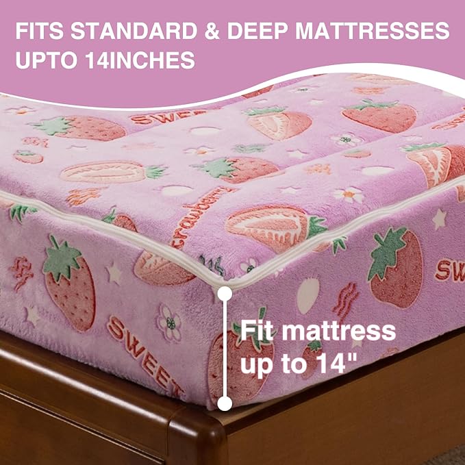 A Nice Night Chic Cute Strawberry Plush Zippered Comforter Set,Zipper Bedding Glow in The Dark for Child, Twin