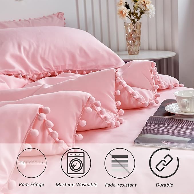 PERFEMET Girls Pink Comforter Set King Size Boho Farmhouse Pom Pom Light Pink Bed Sets Soft Washed Microfiber Lightweight Bed in a Bag for All Seasons(Pink, King)