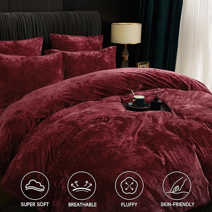PHF Truly Velvet Duvet Cover Set Queen Size, 3pcs Ultra Soft Breathable Comforter Cover Set, Luxury Cozy Flannel Duvet Cover with Pillow Shams Bedding Collection, 90" x 90", Wine Red
