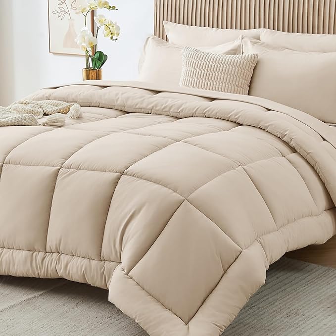 Sasttie King Size Comforter Set, 7 Pieces Bed in a Bag King, Complete Bedding Set Includes Comforter, Flat Sheet, Fitted Sheet, Pillowcases and Pillow Shams, Beige