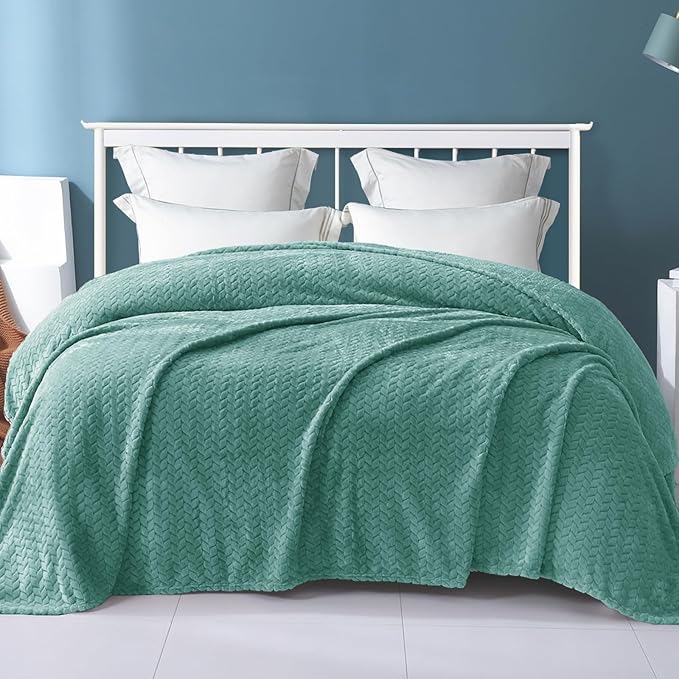 Exclusivo Mezcla Fleece King Size Blanket for Bed, 90x104 Inches Soft Cozy Jacquard Flannel Blankets, Lightweight Fuzzy Plush Warm for Women, Celadon