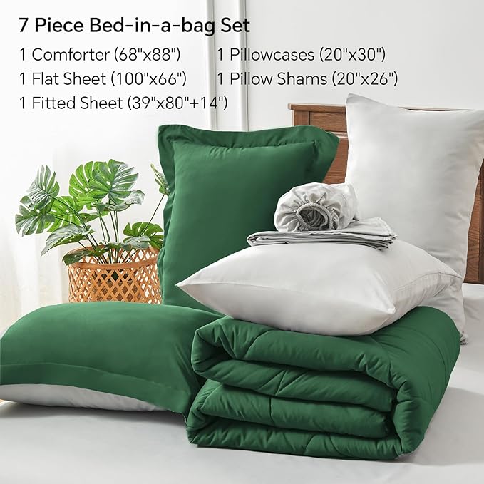 BEDELITE Twin XL Comforter Set 5 Pieces Bed in A Bag - Soft Microfiber Reversible Twin Extra Long Dark Green Bed Set with Comforters, Sheets, Pillowcase & Sham, Cozy Bedding Sets for College Dorm Room