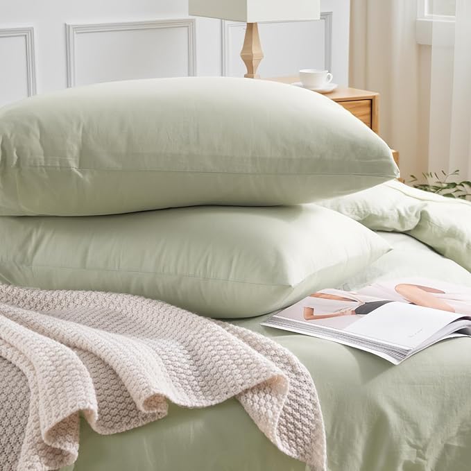 NEXHOME PRO Duvet Cover Set Oversized Queen 98"x98" Linen Feel Textured Organic Natural 100% Washed Cotton Duvet Cover 3 Pieces Bedding Set Zipper Closure, Breathable, Mint Green (No Comforter)