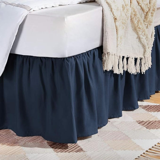 Amazon Basics Lightweight Ruffled Bed Skirt, Classic Style, Soft and Stylish 100% Polyester with 16" drop-Queen, Navy Blue, Solid