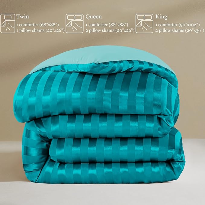 Whale Flotilla 3-Piece Reversible Silky Soft Queen Comforter Set, Luxury Stripe Satin Comforters Full Size Bedding Set with 2 Satin Pillowcases, Lightweight Duvet Set for All Seasons, Turquoise