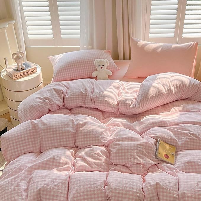 LifeTB Pink Gingham Comforter Set Twin XL Aesthetic Pink White Plaid Checkered Comforter Set 3 Pieces Grid Bedding Comforter with 2 Pillowcases Soft Lightweight Gingham Bedding Set Twin XL