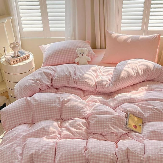 LifeTB Pink Gingham Comforter Set Twin XL Aesthetic Pink White Plaid Checkered Comforter Set 3 Pieces Grid Bedding Comforter with 2 Pillowcases Soft Lightweight Gingham Bedding Set Twin XL