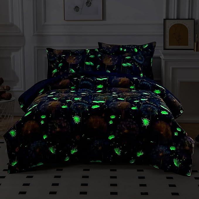 Glow in The Dark Kids Comforter Set, 7 Pieces Blue Dandelion Bedding Set Full Size for Boys Girls Teen, 1 Comforter, 2 Pillowcases, 2 Pillow Shams, 1 Flat Sheet, 1 Fitted Sheet