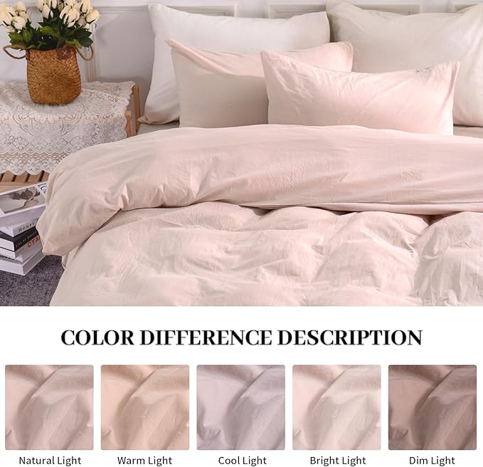 NEXHOME PRO 100% Washed Cotton Duvet Cover King Size, Linen Feel Textured Organic Natural Duvet Cover Set 3 Pieces Bedding with Zipper Closure, Breathable, Dusty Pink(No Comforter)