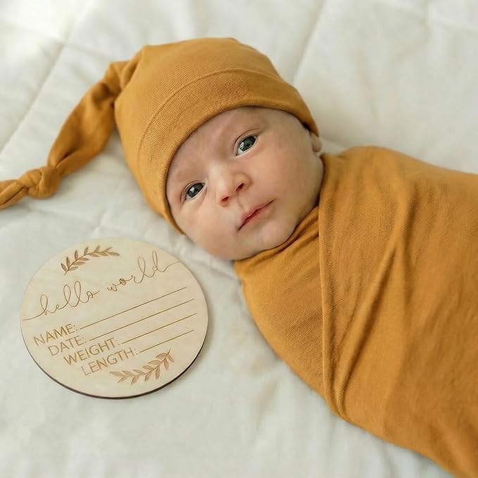 Large Jersey Knitted Swaddle Blanket for Baby, Soft Stretchy Receiving Blanket for Newborns with Hat, Baby Nursery Swaddle 47 x 47 inches(Copper)
