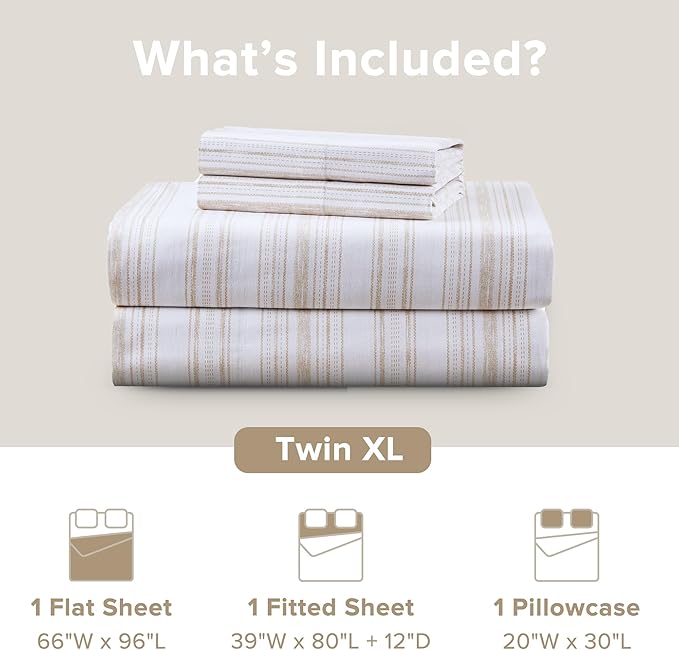 Comfort Spaces 100% Cotton Sheets Twin XL, Breathable, Naturally Cool Cotton Sheets, Cotton Bed Sheets with 12" Elastic Pocket Fits up to 14" Mattress, All Seasons Sheet Set, Good Vibes Taupe 3 Piece