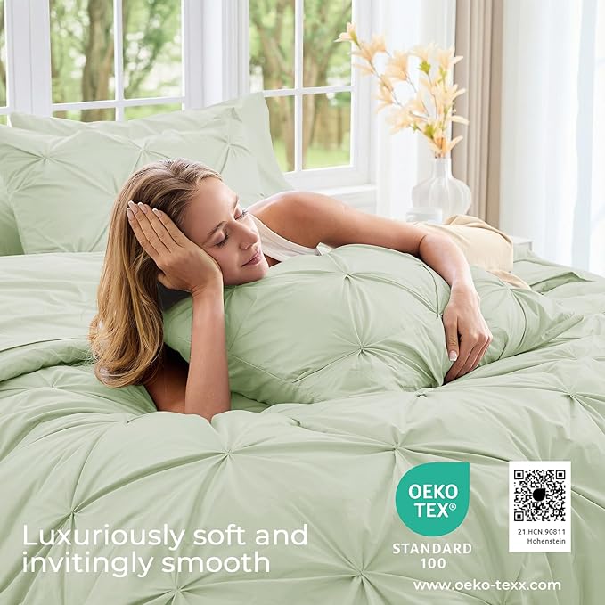 Sasttie Full Size Comforter Set, 7-Piece Bed in a Bag, Pintuck Bedding Sets for All Season, Includes Comforter, Flat Sheet, Fitted Sheet, Pillowcases and Pillowshams, Mint