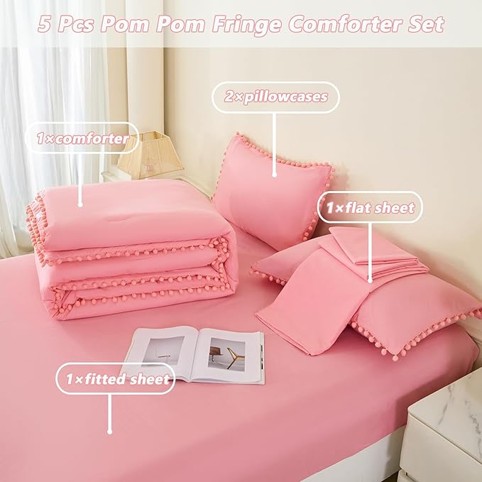 PERFEMET Queen Bedding Set Coral Pink 5 Pcs Pom Pom Fringe Solid Bed in A Bag with Sheet Set Soft All Season Fluffy Boho Comforter for Girls Kids Bedroom(Coral Pink, Queen)
