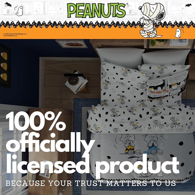 Peanuts Halloween Queen Bed Set – Super Soft & Cozy 5 Piece Reversible Comforter and Sheet Set Featuring Snoopy & Charlie Brown, (Official Peanuts® Product) by Franco