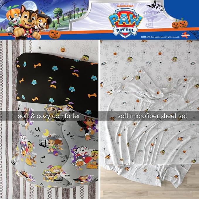 Paw Patrol Kids Halloween Bedding 5 Piece Super Soft Cozy Reversible Comforter and Sheet Set with Sham, Twin, (Officially Licensed Product) by Franco