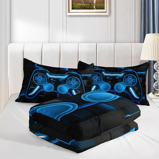 Axolotl Gamepad Comforter Set Queen Size,Blue Grid Print Bedding Set,Boy Gaming Console Comforter Set,Modern Gaming controller Geometry Bedding Set for Adult Teens Men,1 Quilt 2 Pillowcases,Blue Black