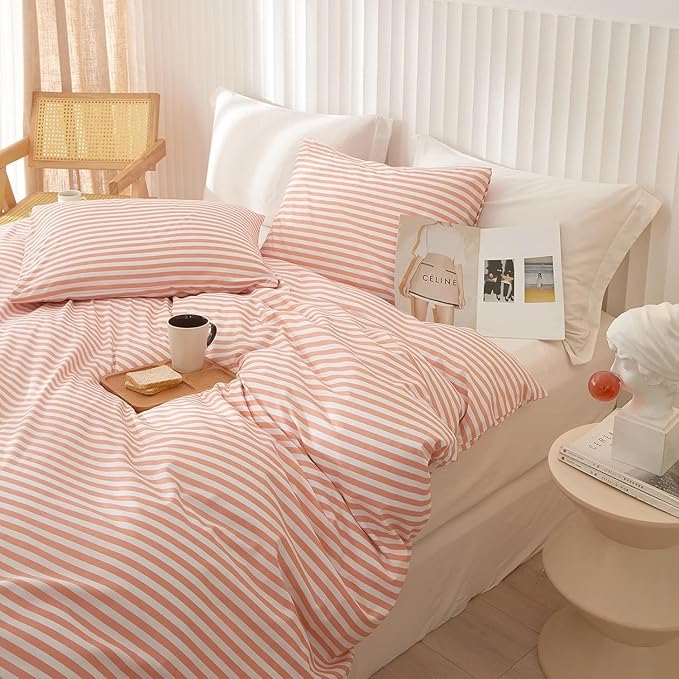 LifeTB King Size Comforter Set Pink White Stripes Pattern Comforter Modern Striped Comforter Set Fluffy Lightweight 3 Pieces Bedding Comforter Farmhouse Stripes Boho Bed Comforter with 2 Pillowcases