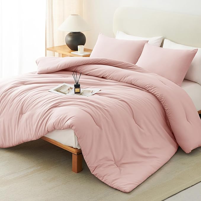 CozyLux Blush Pink Comforter Set Twin/Twin XL Size, 2 Pieces Twin Extra Long Solid Breathable Quilted Bedding Sets, Luxury Soft Bed Set with Down Alternative Comforter and 1 Pillowcase All Season