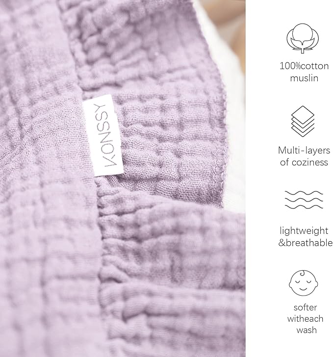 Konssy Flounce Muslin Baby Blankets, Cotton Crib Blanket for Baby Infant Toddler, Super Soft and Lightweight Nursery Blankets 40"x36" (Purple)