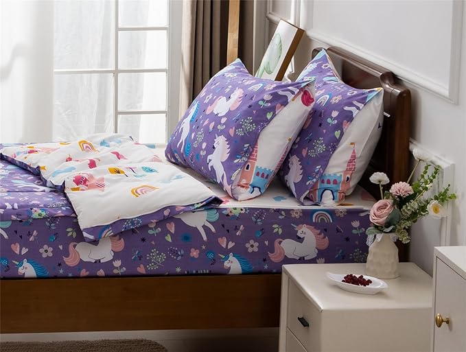Meeting Story 3pcs Kids Comforter Sets Zipper Bedding Set for Girls,Full Kid Bedding Set Rainbow Comforter Unicorn Bedding for Kid,All in one Zipper Bedding(Purple,Full)