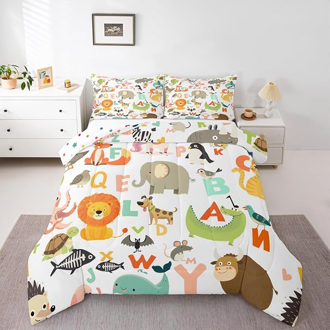 Feelyou Kids Cartoon Wild Animals Bedding Set for Girls Boys Nursery Letter Comforter DecorWildlife Decor Comforter Set Nature Vibrant Colorful Duvet Set Twin Size Quilt Boys