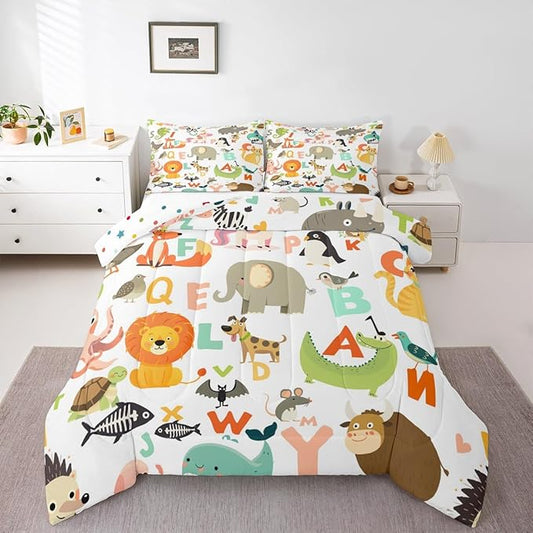 Feelyou Kids Cartoon Wild Animals Bedding Set for Girls Boys Nursery Letter Comforter DecorWildlife Decor Comforter Set Nature Vibrant Colorful Duvet Set Twin Size Quilt Boys