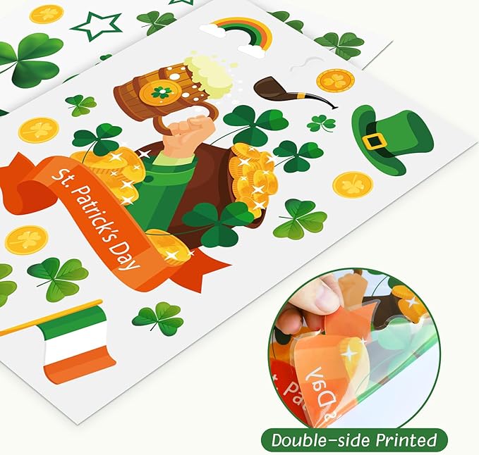 St Patricks Day Window Clings, Large Leprechaun Style Reusable Static Window Stickers for St Patricks Day Decorations