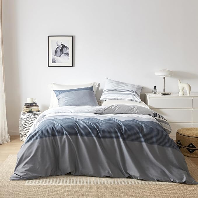 YuHeGuoJi Blue Geometric Duvet Cover Queen 100% Cotton 3 Pcs Set 1 Grey Pinstripe Duvet Cover with Zipper Ties 2 Pillowcases Neutral Modern Gray White Striped Bedding Set Soft