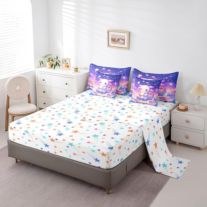 Feelyou Kids Cute Axolotl Bed in A Bag Full Size, Galaxy 7 Pieces Bedding Set Boys Girls Cartoon Salamander Comforter Set with Sheets Kawaii Animal Teens Bed Set Bedroom Decor 7Pcs