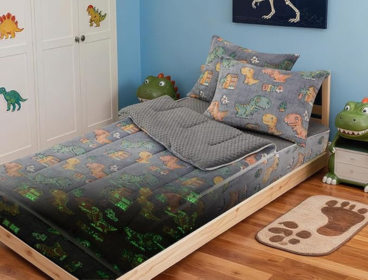 A Nice Night Cute Baby Dinosaur Printed Plush Zippered Comforter Set,Zipper Bedding Glow in The Dark for Child, Twin