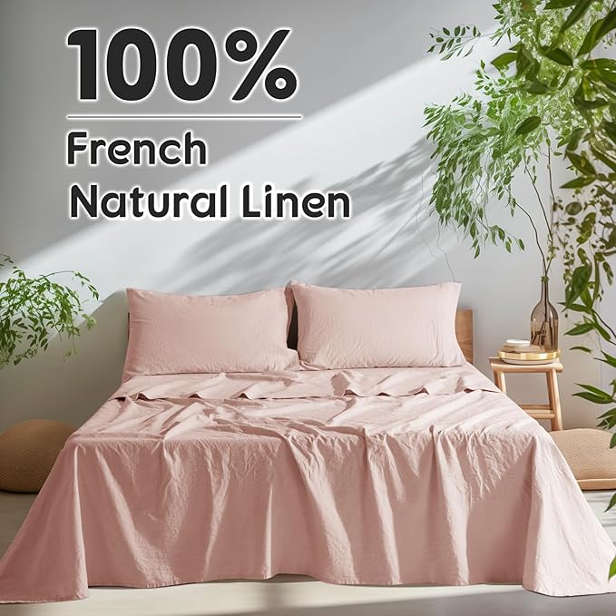 SONORO KATE 100% French Pure Linen Sheets, Breathable and Durable Linen King Size Sheets, Anti-Tear Linen Bed Sheets, Machine Washable, 16 Inch Deep Pocket - 4 Piece (Pink, King)