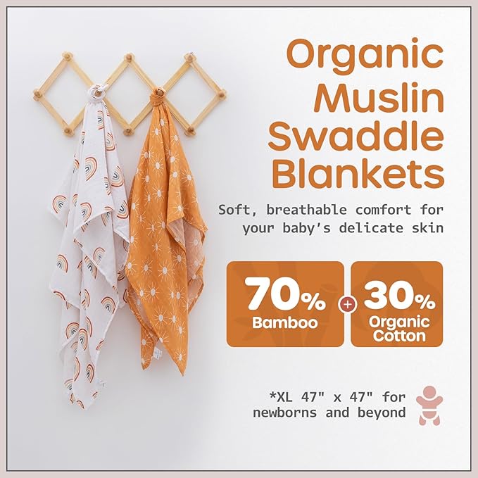 Organic Baby Muslin Swaddle Blankets for Boy or Girl - Sun and Rainbow Swaddling Blanket 2 Pack - Soft Muslin, XLarge and Breathable, Boho Baby, 47" X 47"