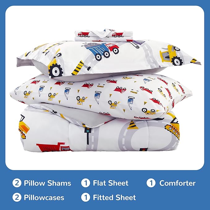 Viviland Kids Full Bedding Sets for Boys, Girls Soft Full Comforter Set with Sheets, 7 Pieces Microfiber Bed in a Bag, White Car Excavator