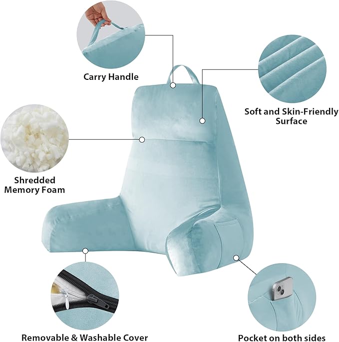 Back Pillow for Bed Sitting up, Reading Pillow for Sitting in Bed Adult, Back Support Pillow, Memory Foam Sit up Lounge Backrest Pillow with Arms for TV, Couch, Chair, Dorm, 24 Inch, Lake Blue