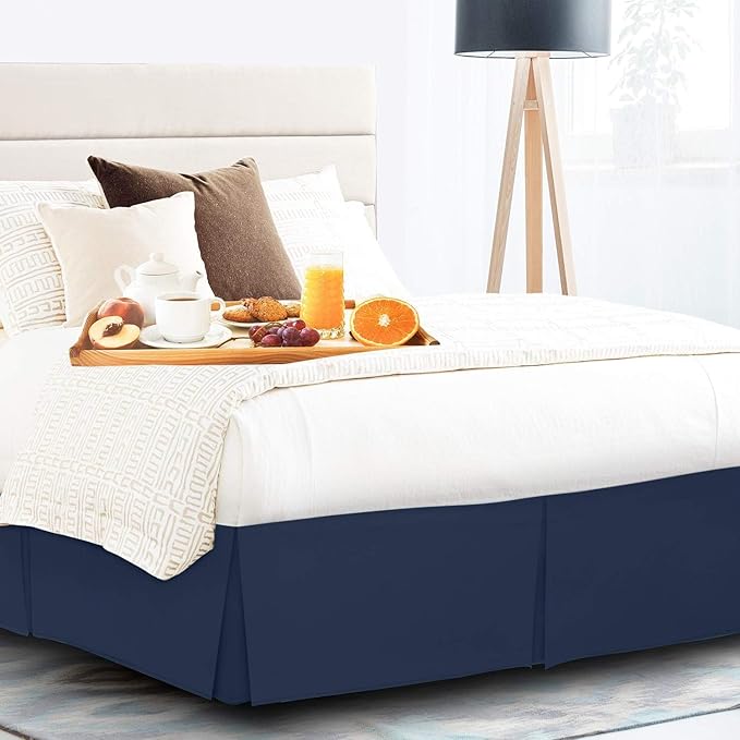Pleated Bed Skirt 10 Inch Drop Queen Size – Wrinkle-Free Microfiber – Dust Ruffle with Split Corners Navy