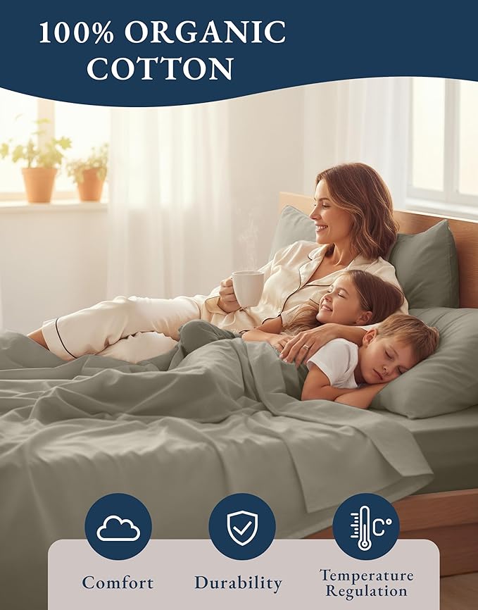 LANE LINEN 100% Organic Cotton California King Sheets Set, Fully Elasticized Reinforsed Seams in Fitted Pocket, Machine Washable Naturally Cooling All Season Cal King Sheet- Silver