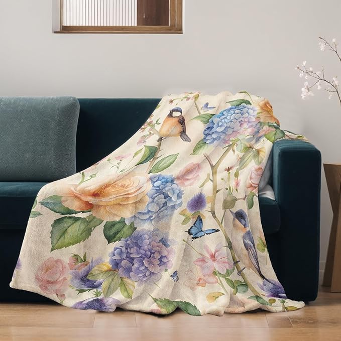 Bird and Butterfly Blanket Lightweight Blankets Gifts for Nature Lover Flannel Throw with Colorful Rose and Hydrangea Printed for Sofa, Bed, Travel, Picnic, Office, Decor Throws 60x50 Inch